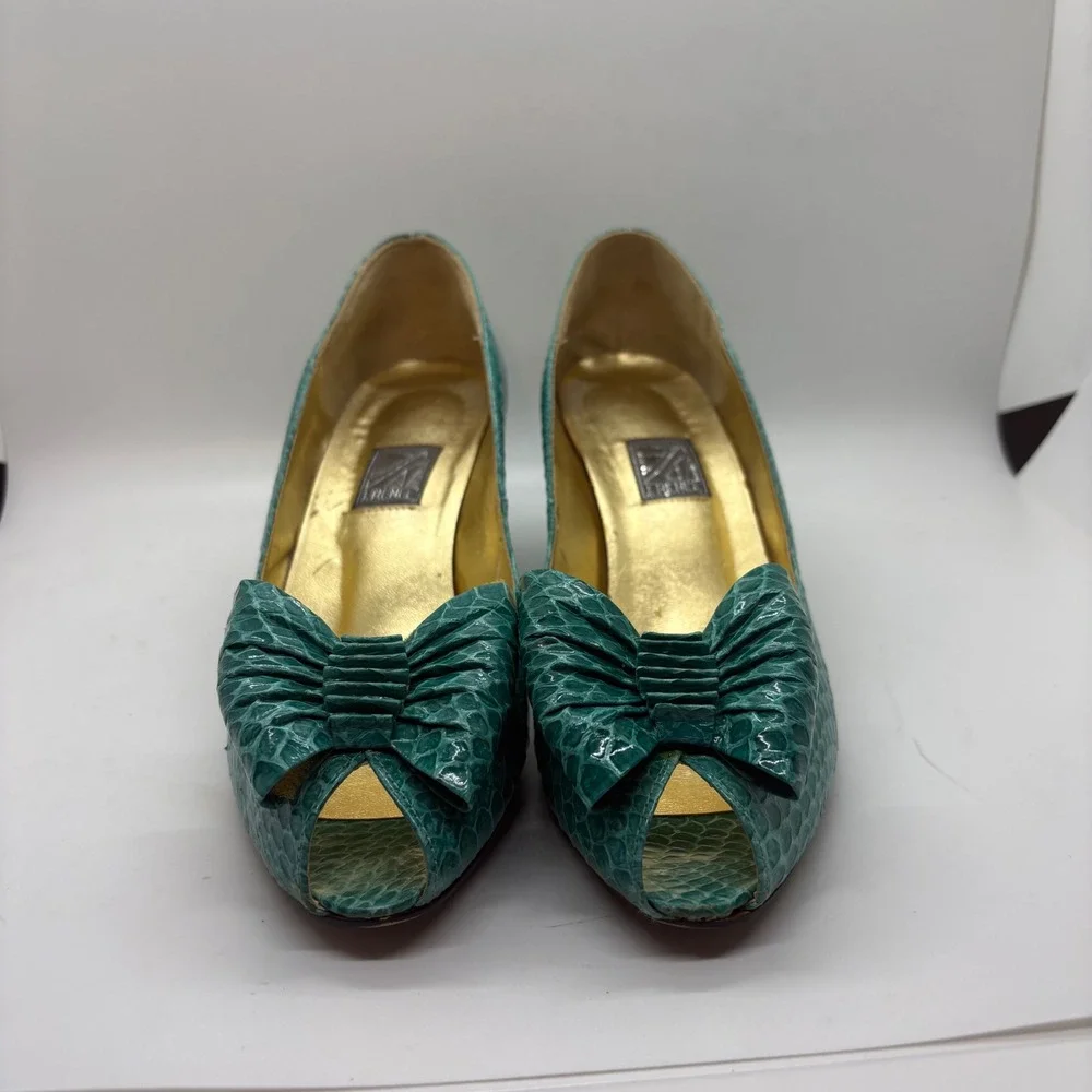 Vintage 80's J.Renee Teal Snakeskin Embossed Peep Toe Kitten Heel Bow Pumps 7.5